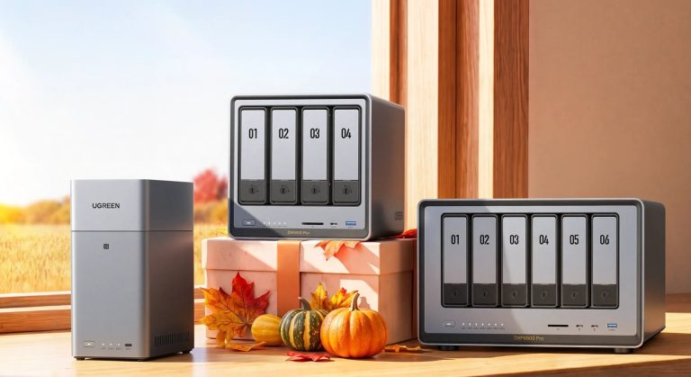 UGREEN NASync 2-bay, 4-bay and 6-bay network storage units beside a gift box and autumn pumpkins and leaves