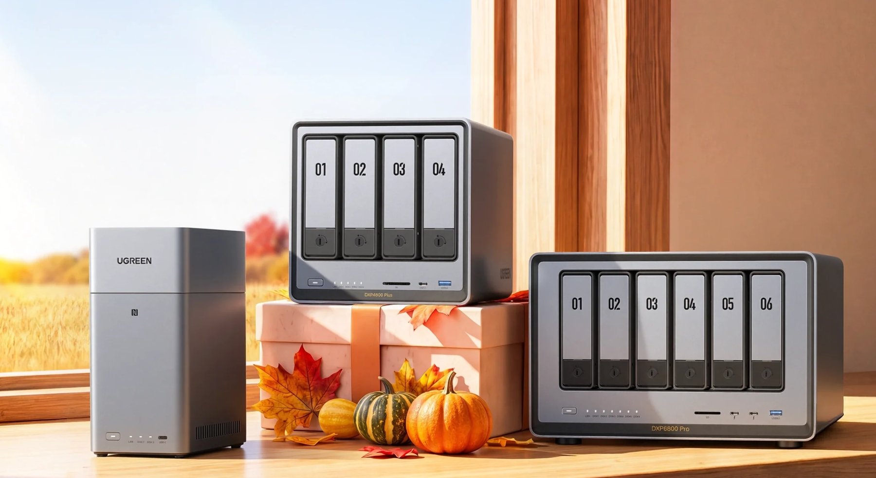 UGREEN NASync 2-bay, 4-bay and 6-bay network storage units beside a gift box and autumn pumpkins and leaves